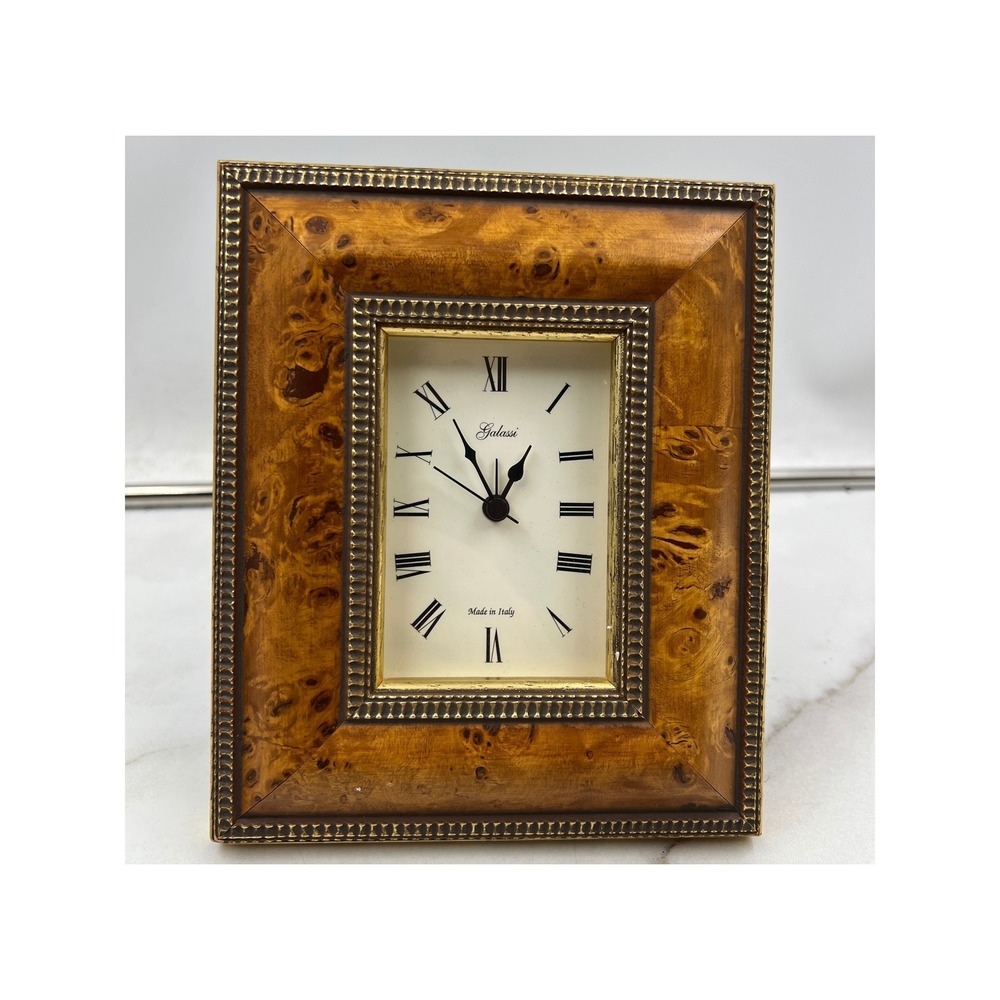 Galassi Burl Wood Desk Clock Made in Italy Roman Numeral Gold Trim Tabletop 8.5"